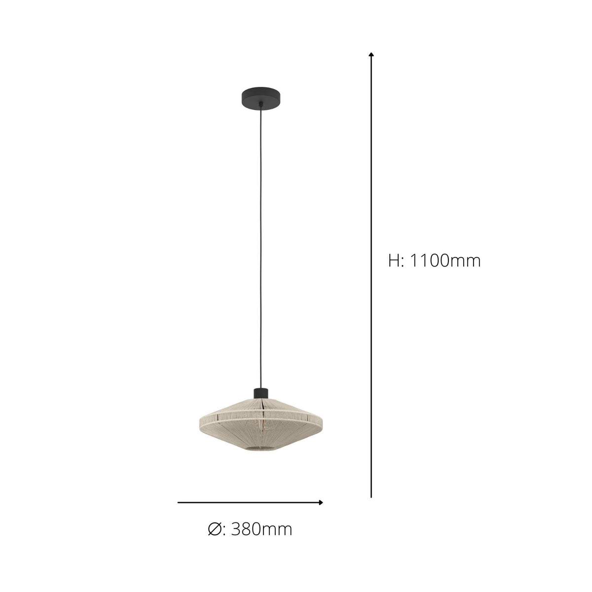 Boho style pendant light with a woven shade and black ceiling rose. Dimensions: H 1100mm, Ø 380mm