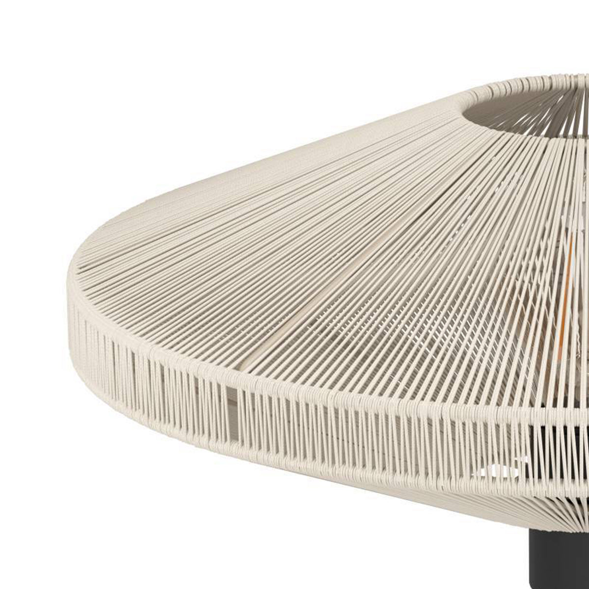 Close-up of a white woven lampshade with a black base