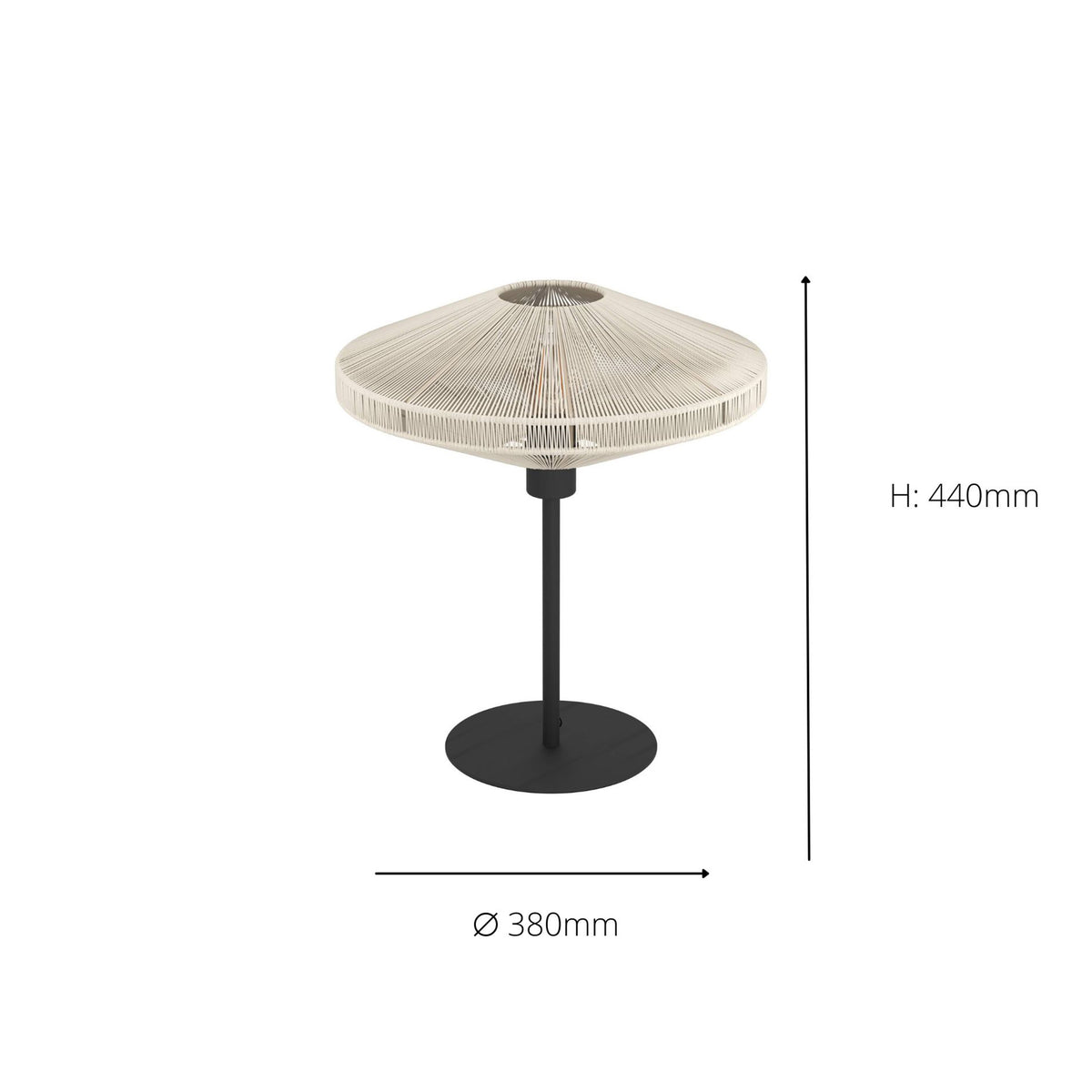 Table lamp with a black base and stand, and a wide, flat, woven beige shade. Dimensions are H 440mm, Ø 380mm