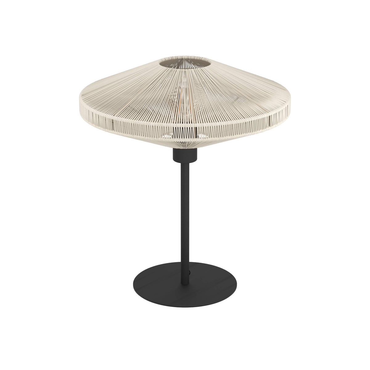 Outdoor heater with a black base and pole, and a light-colored woven shade