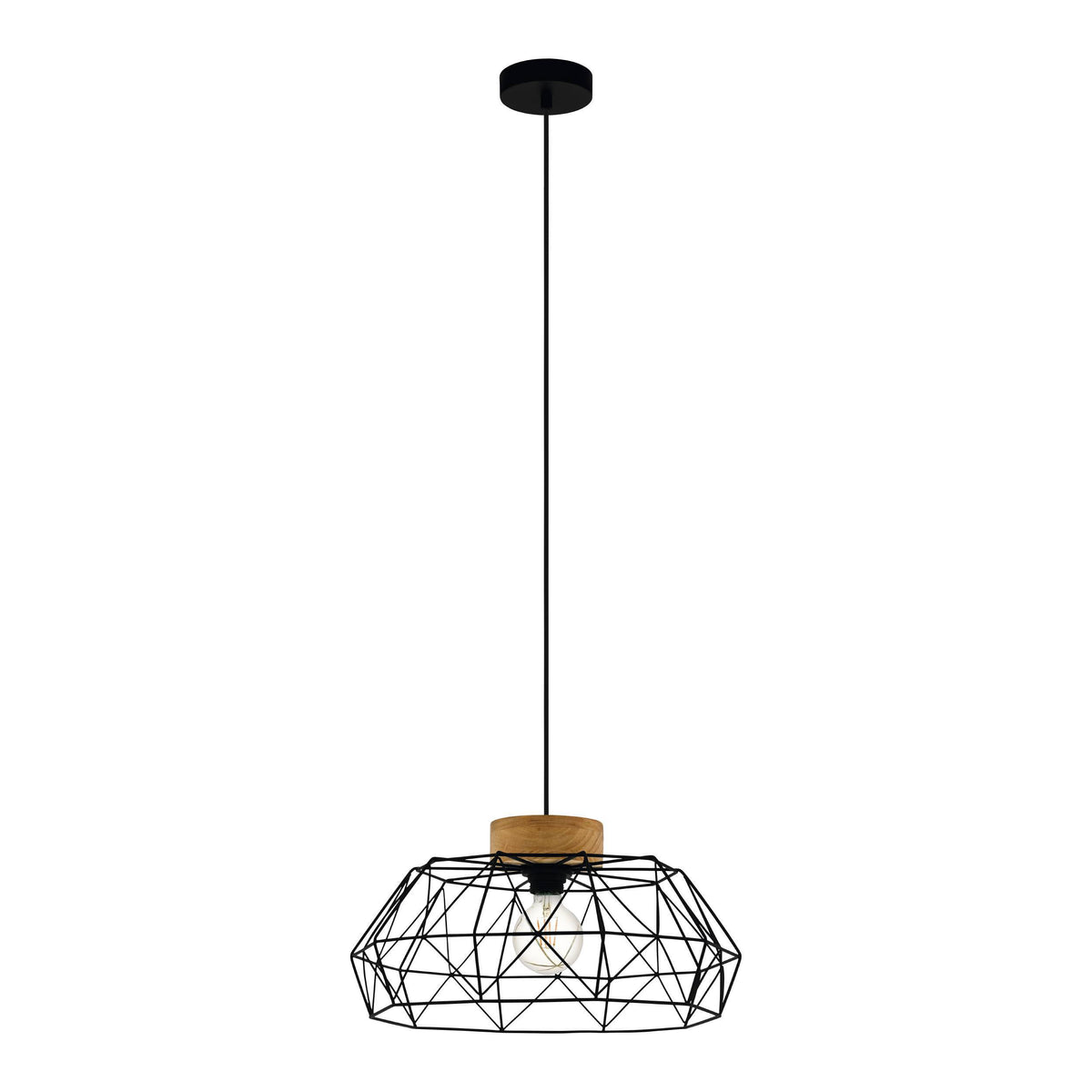 Black geometric wire pendant light with a wooden top and exposed bulb