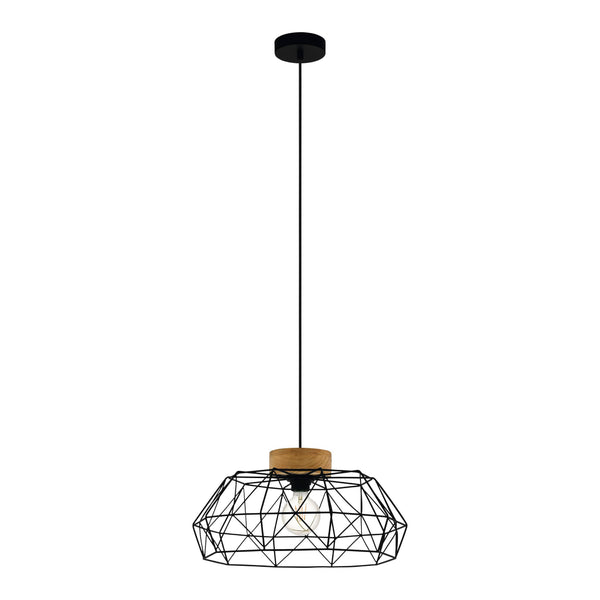 Black geometric wire pendant light with a wooden top and exposed bulb