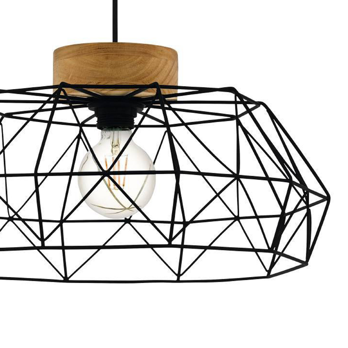 Black geometric wire lampshade with a light wood top and a clear bulb