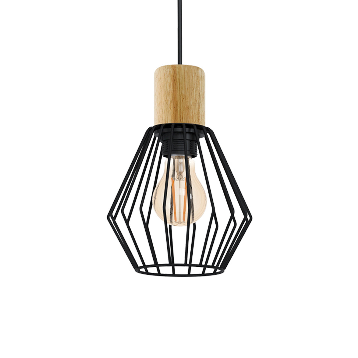 Pendant light with a natural wood top, black wire cage shade, and an exposed filament bulb