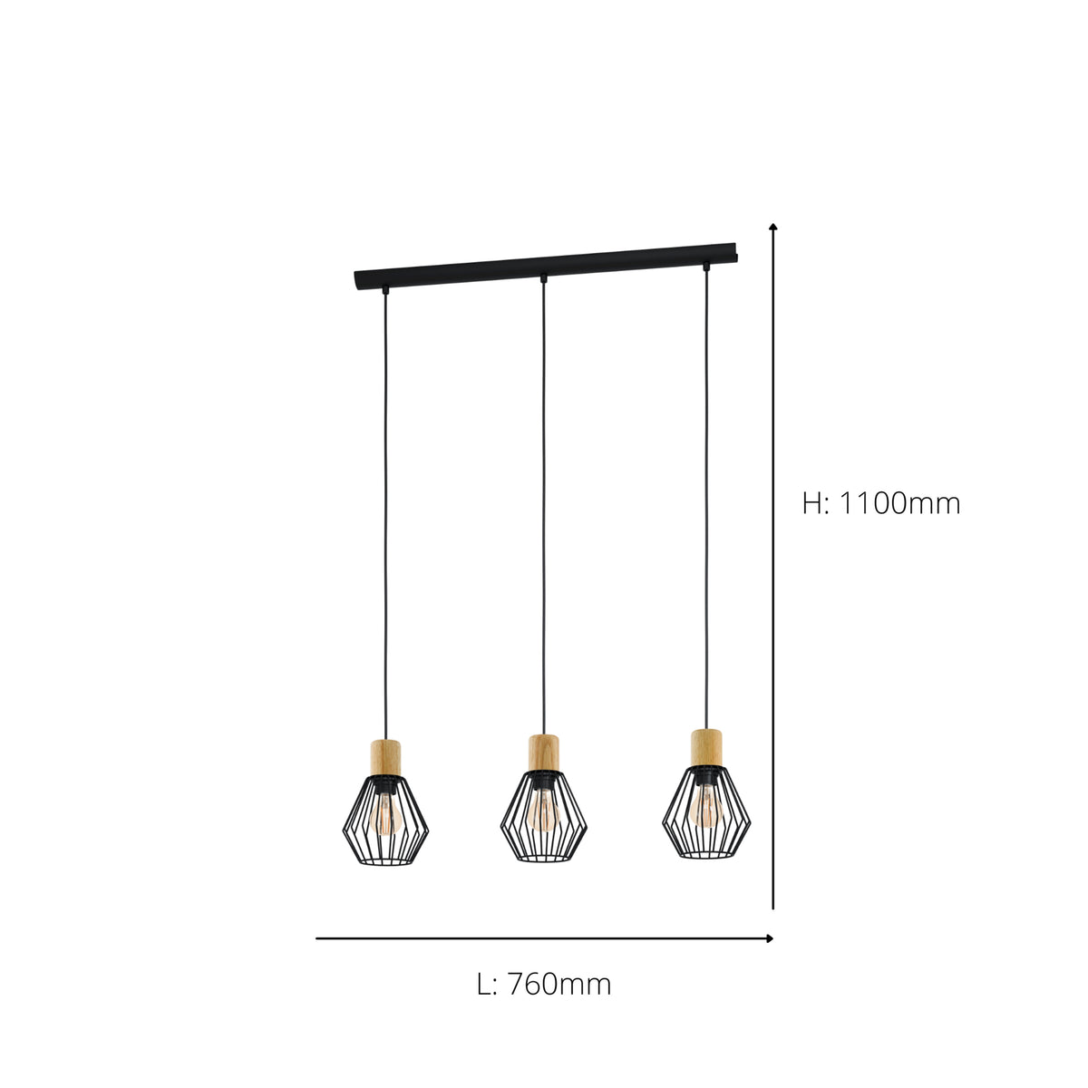 Three pendant lights with black geometric cages and wooden accents, dimensions 1100mm H x 760mm L