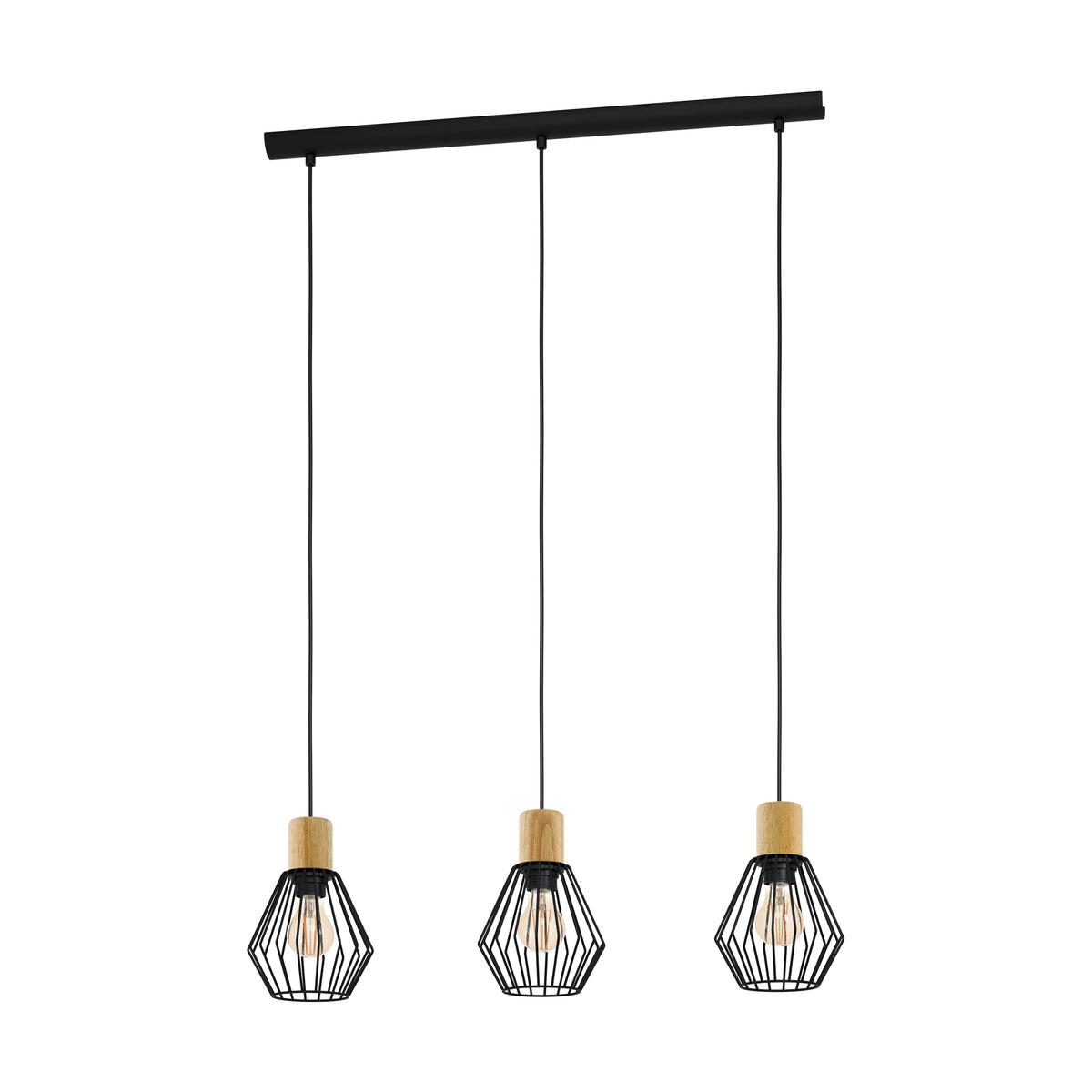 Three pendant lights with black geometric cages and light wood accents