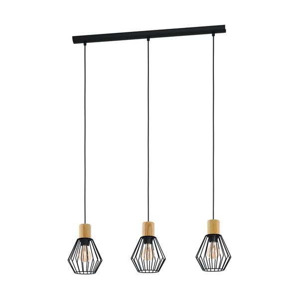 Three pendant lights with black geometric cages and light wood accents