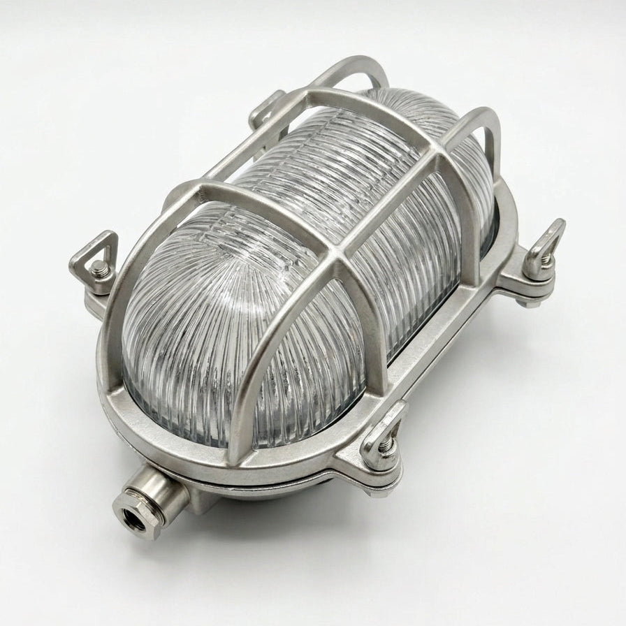 Nordlux Helford coastal nickel bulkhead wall light with ribbed glass shade and protective metal cage