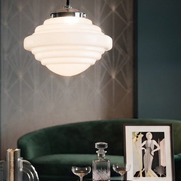 Art Deco Pendant 4948 in Chrome and Opal White Glass