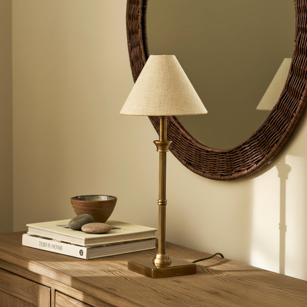 Kelmscot Table Lamp in Antique Brass With Linen Shade