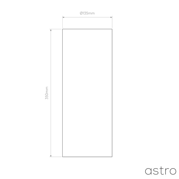 Technical drawing of a rectangular light fixture with dimensions 135mm diameter and 350mm height