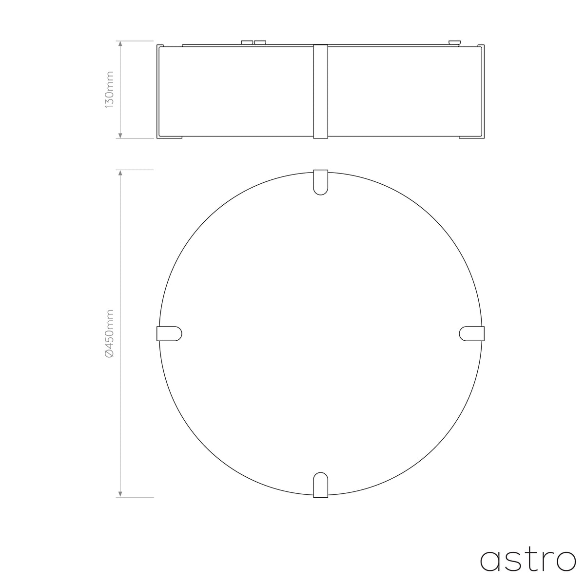 Technical drawing of a round light fixture with dimensions 130mm height and 450mm diameter