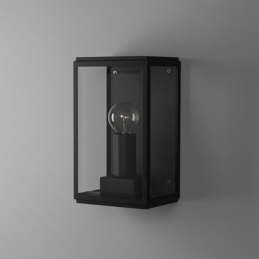 Black rectangular outdoor wall light with clear glass panels and an exposed filament bulb