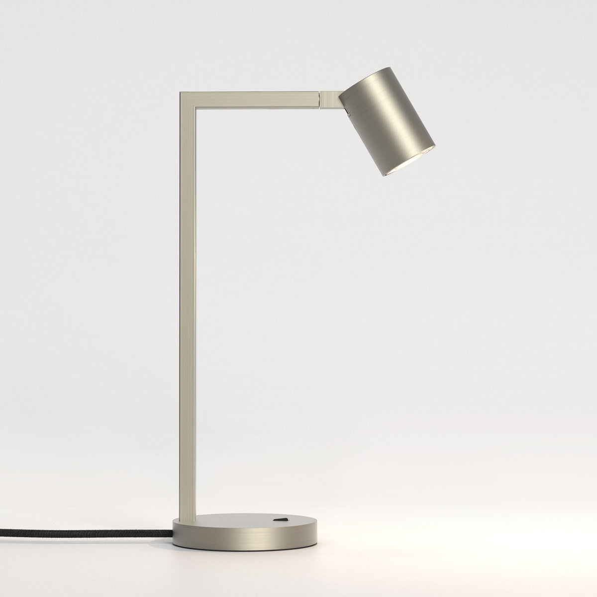 Brushed metal desk lamp with a rectangular frame and a cylindrical light head