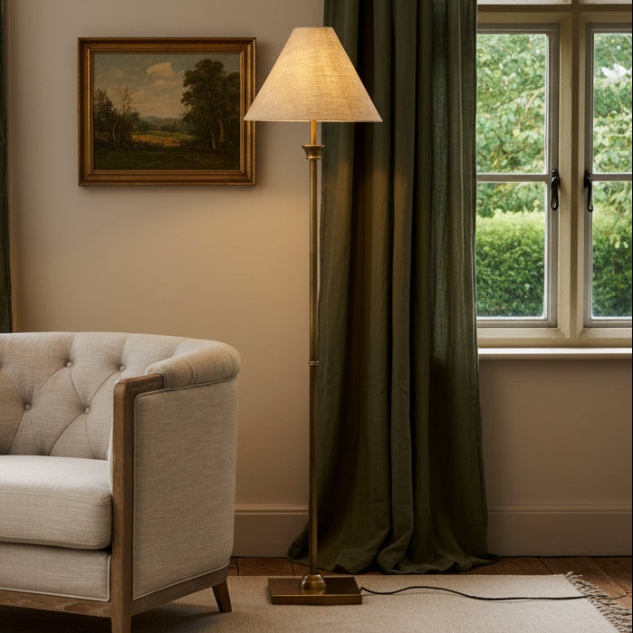 Kelmscot Floor Lamp in Antique Brass With Linen Shade