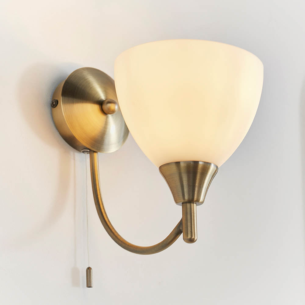 Alton Single Arm Wall Light in Antique Brass & Opal Glass