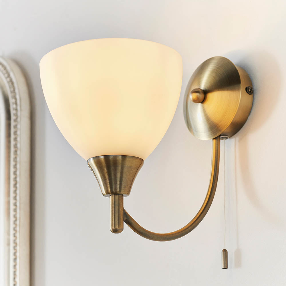 Alton Single Arm Wall Light in Antique Brass & Opal Glass