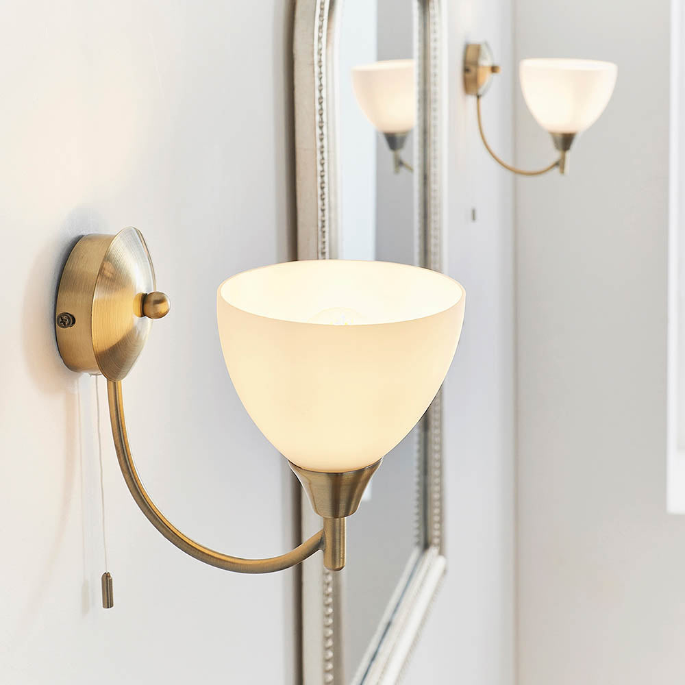 Alton Single Arm Wall Light in Antique Brass & Opal Glass