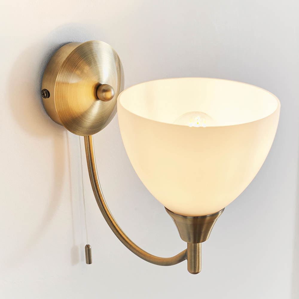 Alton Single Arm Wall Light in Antique Brass & Opal Glass