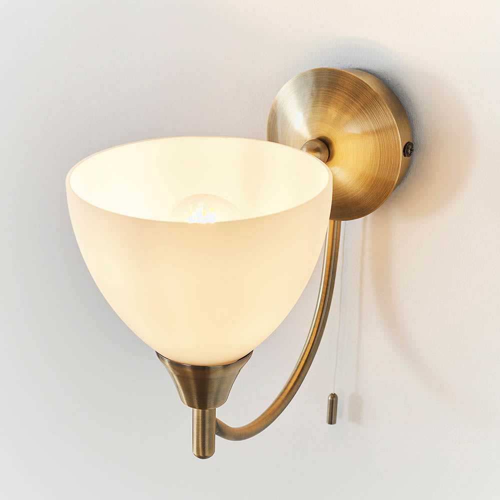 Alton Single Arm Wall Light in Antique Brass & Opal Glass