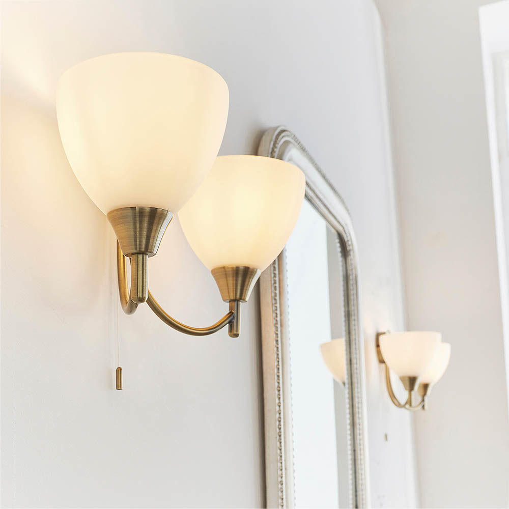 Alton Twin Arm Wall Light in Antique Brass & Opal Glass