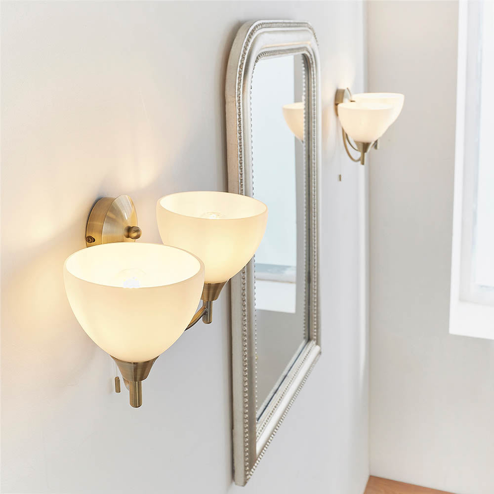 Alton Twin Arm Wall Light in Antique Brass & Opal Glass