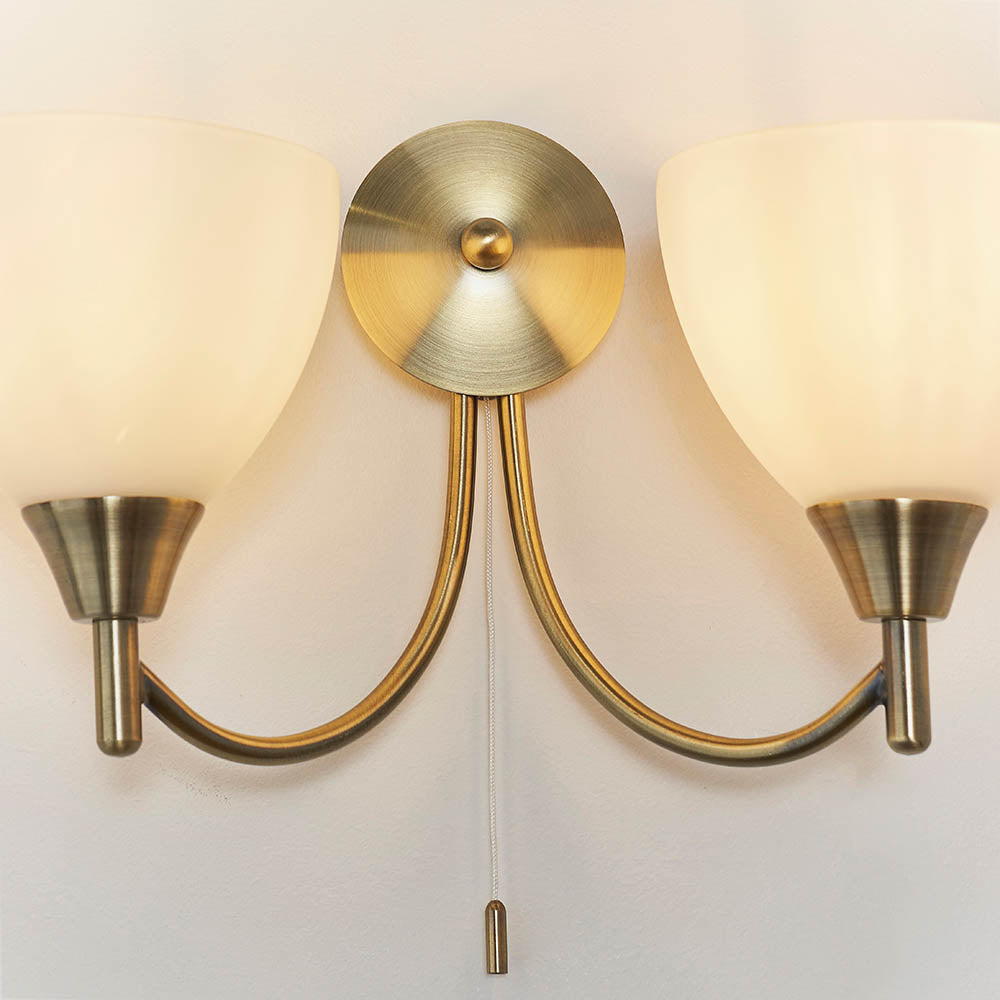 Alton Twin Arm Wall Light in Antique Brass & Opal Glass