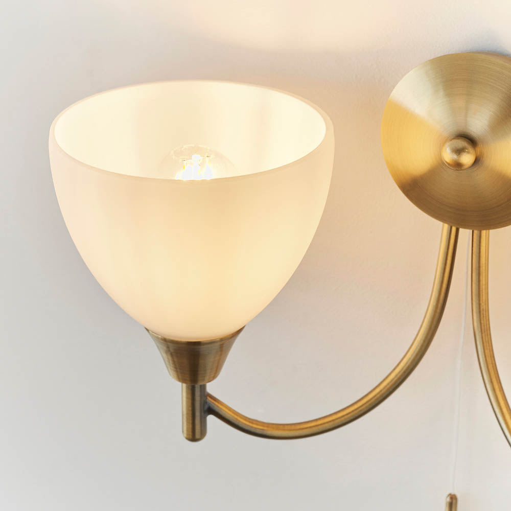 Alton Twin Arm Wall Light in Antique Brass & Opal Glass