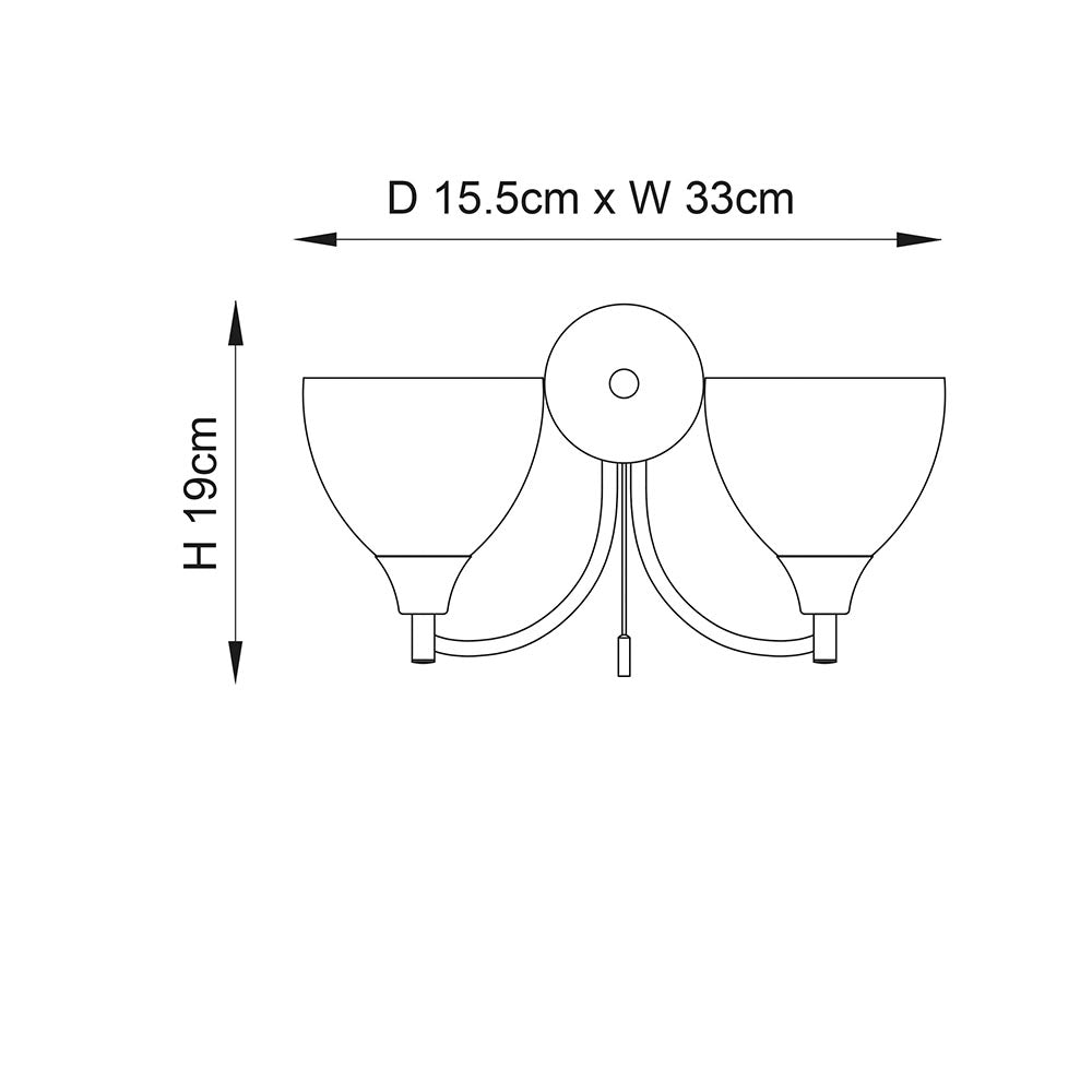 Diagram of a two-light wall sconce with dimensions: H 19cm, D 15.5cm, W 33cm.
