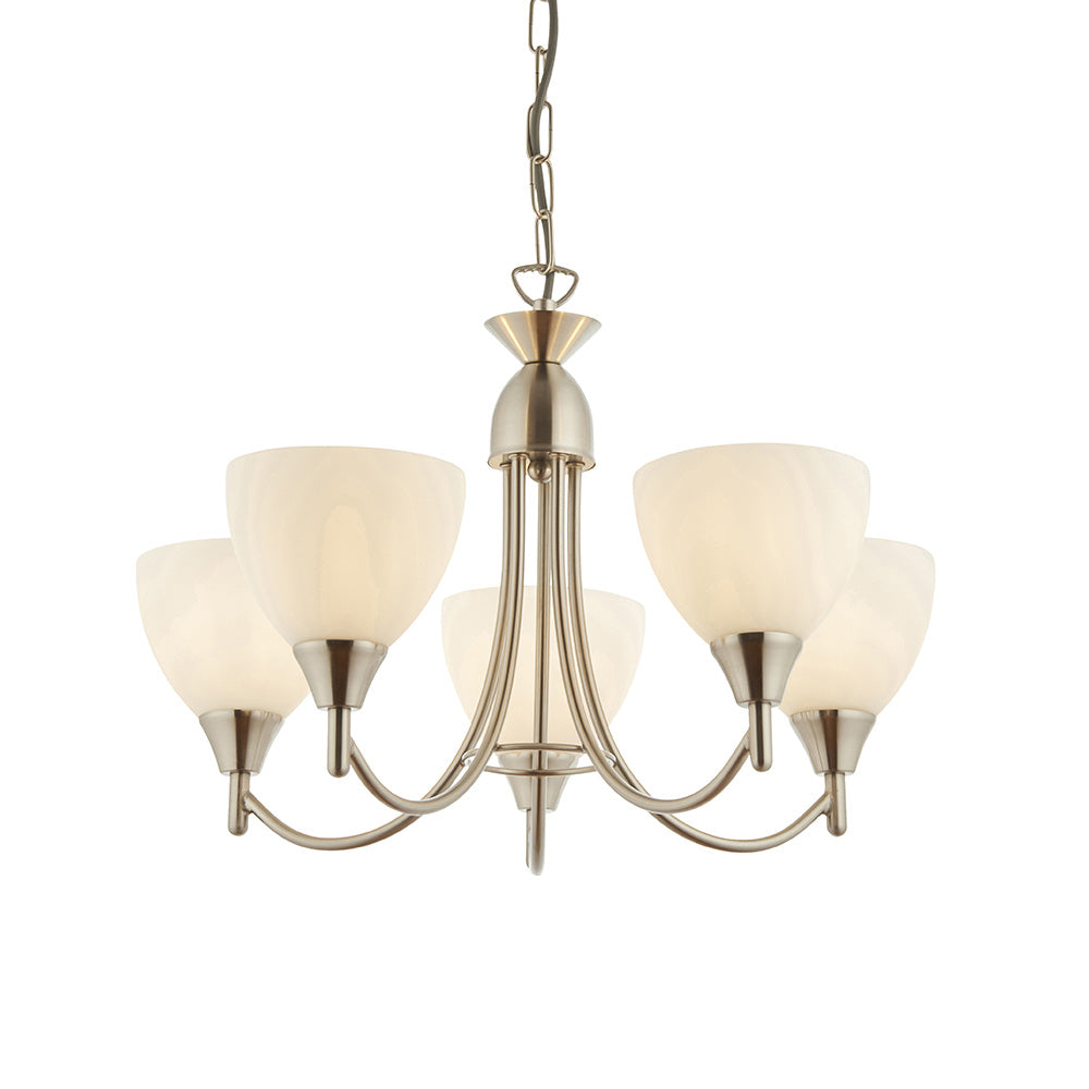 A five-arm chandelier with white swirled glass shades and a brushed chrome finish on a white background.