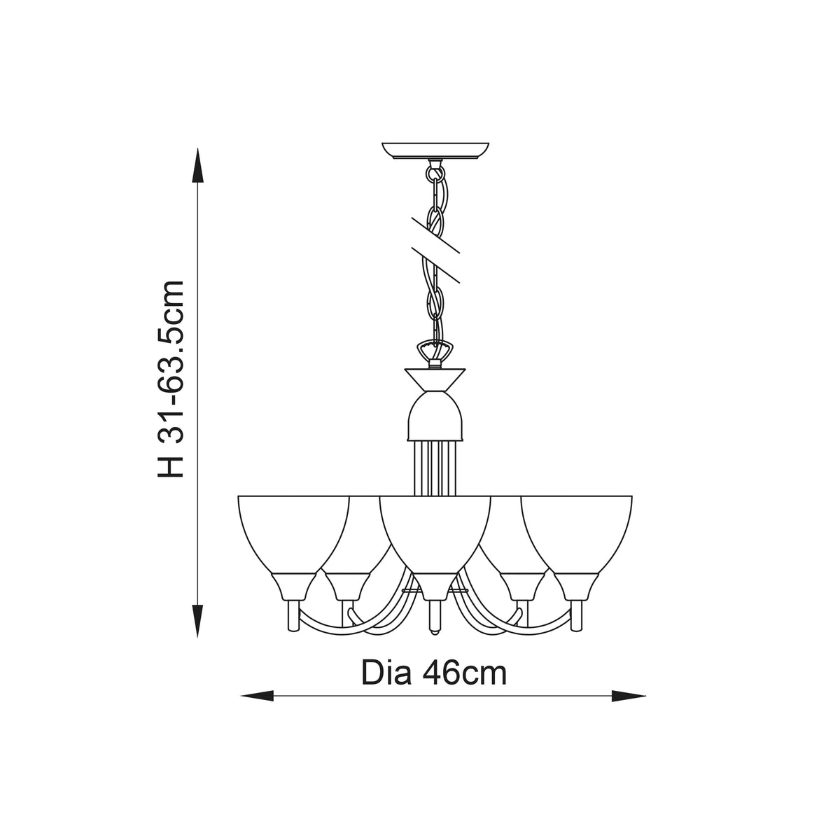 Line drawing of a five-arm chandelier with dimensions: height 31-63.5cm, diameter 46cm.