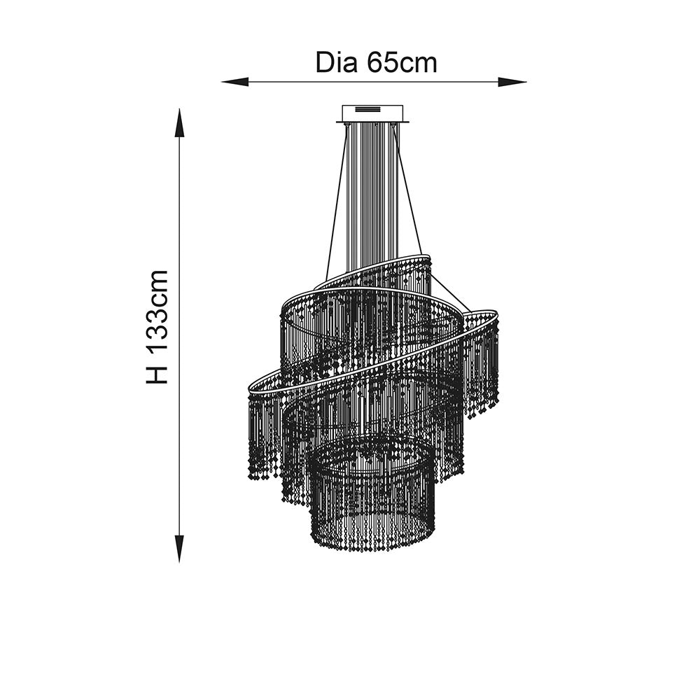 Technical drawing of a spiral chandelier, indicating a height of 133cm and a diameter of 65cm.
