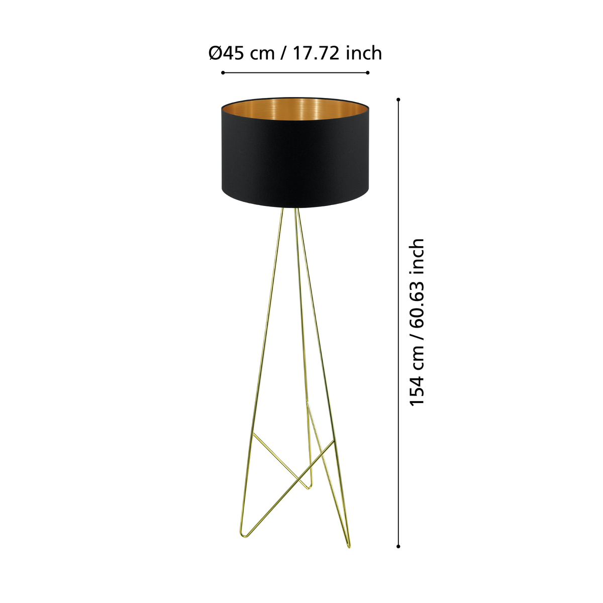 Black and gold floor lamp with tripod base, dimensions shown. 154 cm / 60.63 inch tall, 45 cm / 17.72 inch shade diameter.