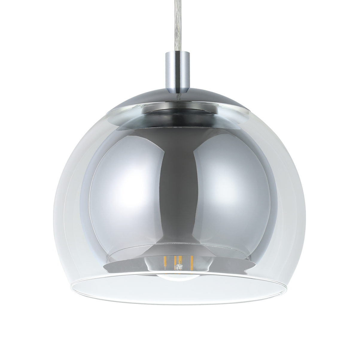 Eglo Rocamar Chrome and Glass Single Pendant with a clear glass shade and chrome inner reflector