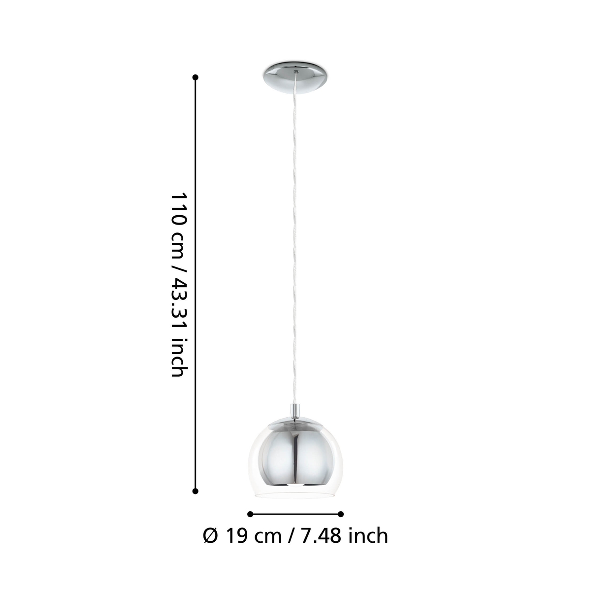 A single chrome pendant light with a clear glass shade and dimensions of 110 cm height and 19 cm diameter