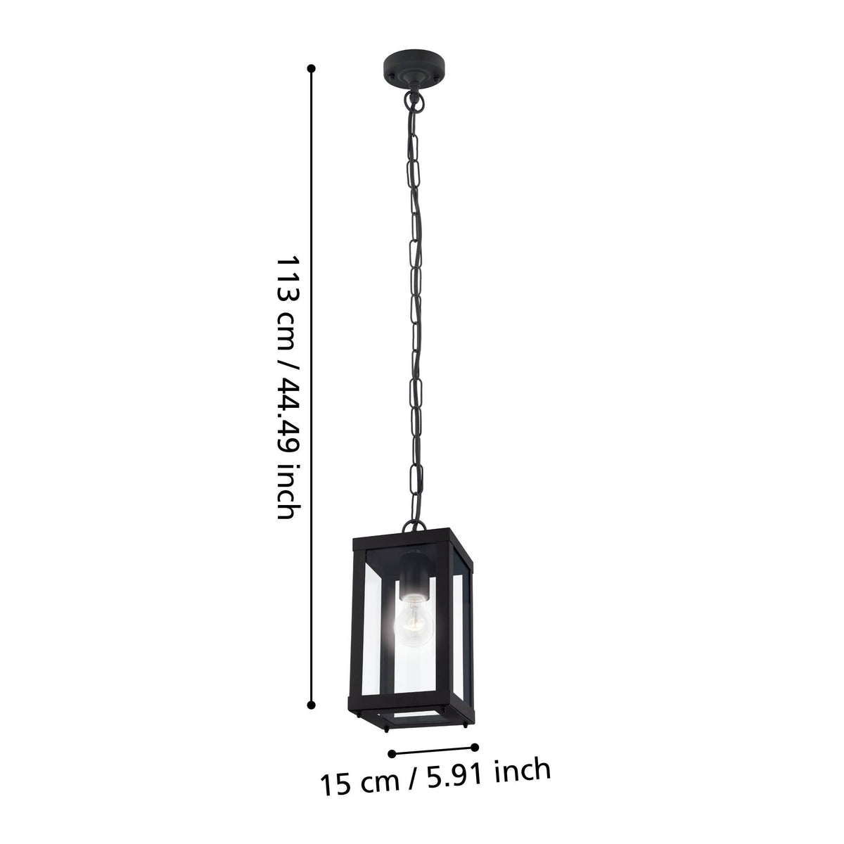Black metal pendant light with clear glass panels and exposed bulb, showing dimensions of 113 cm height and 15 cm width