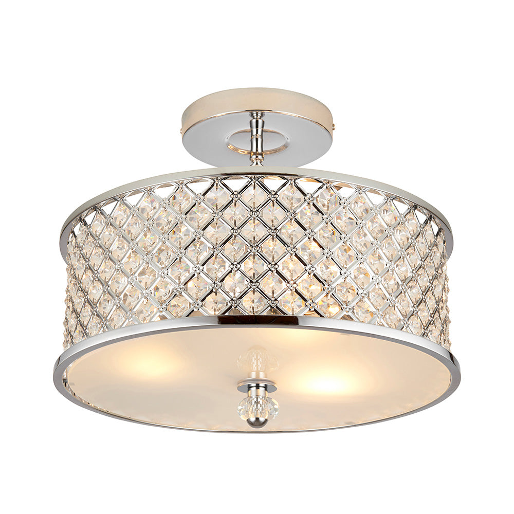 A semi-flush ceiling light with a chrome frame and crystal-studded drum shade on a white background.