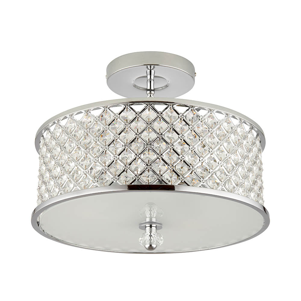 A semi-flush ceiling light with a chrome frame and crystal-studded drum shade on a white background.
