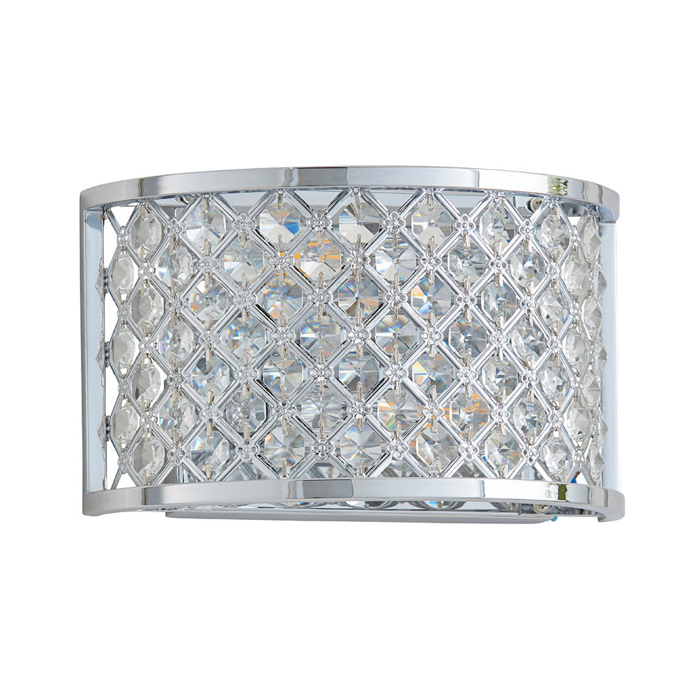 Chrome wall light with a curved crystal grid shade, isolated on a white background.