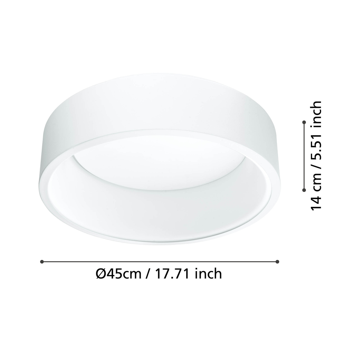 White cylindrical ceiling light with dimensions: 45cm diameter and 14cm height. 