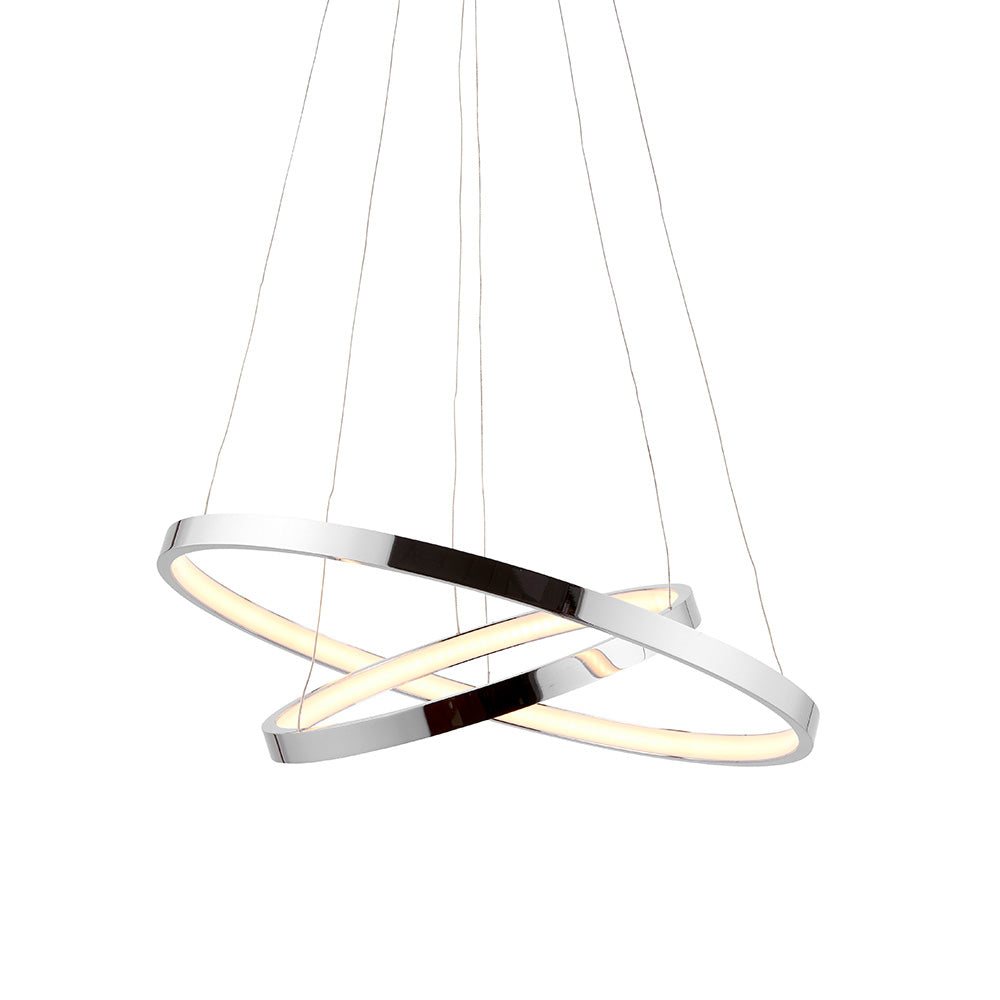 Chrome LED pendant light with two intertwined rings, one partially illuminated, on a white background.