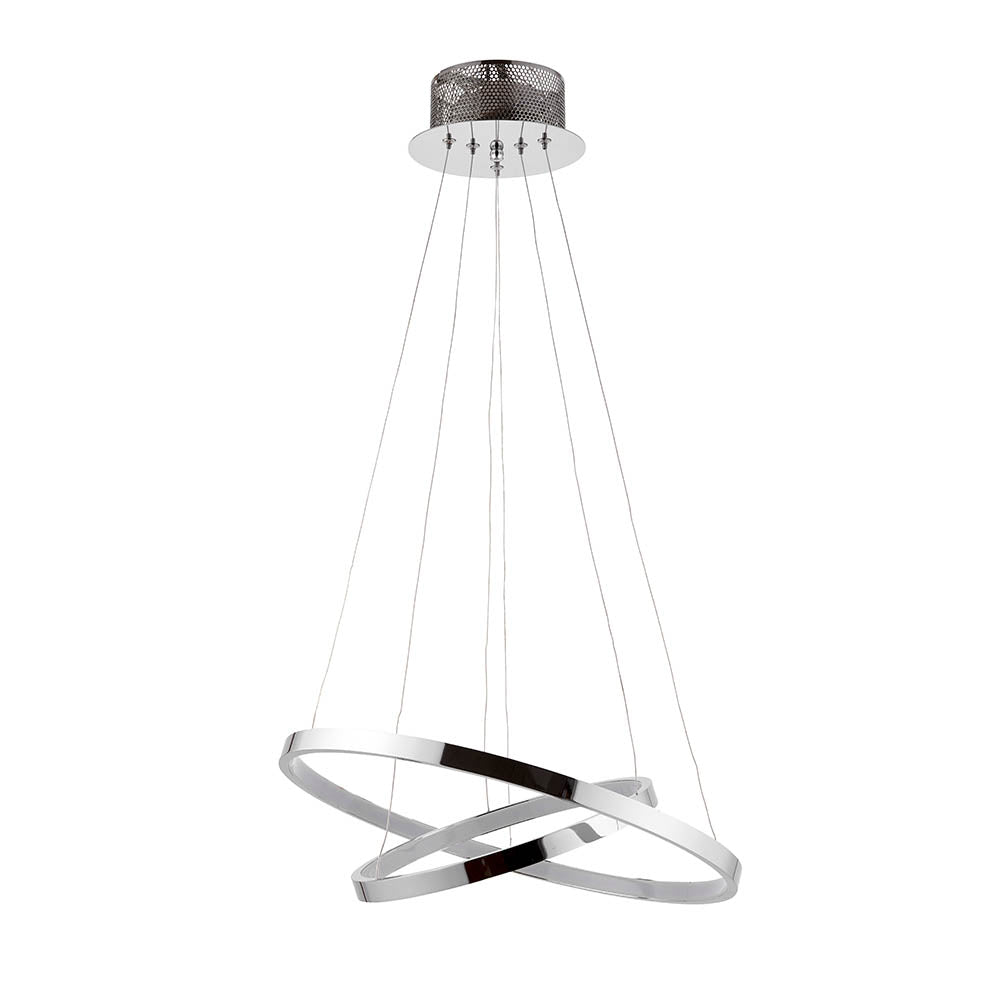 Chrome LED pendant light with two intertwined rings, suspended from a round ceiling plate on a white background.