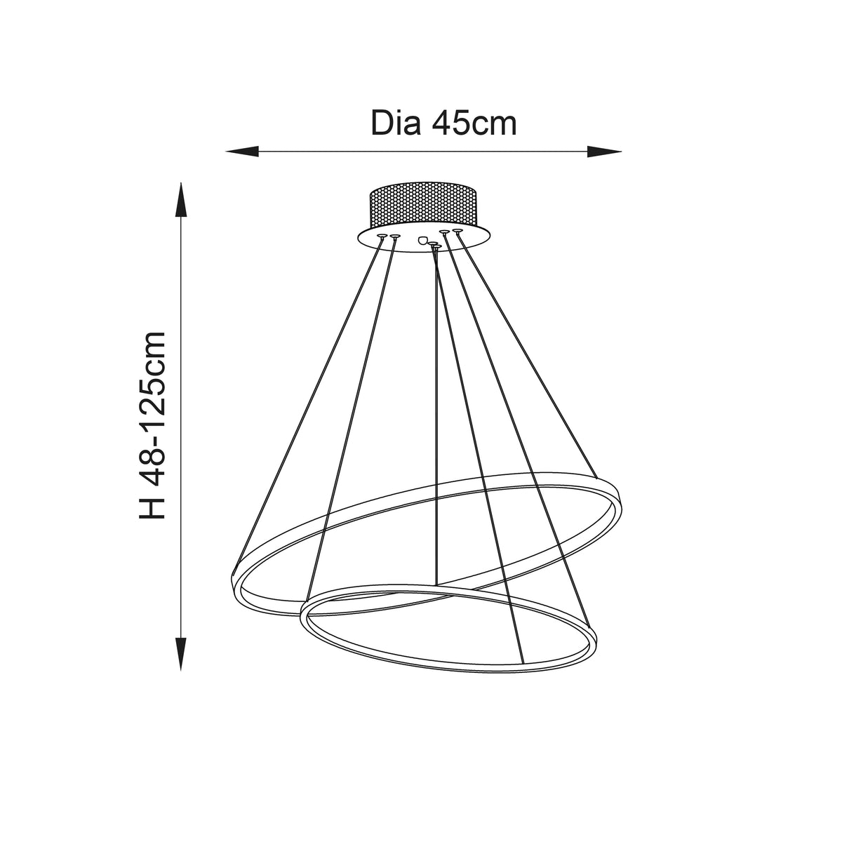 Diagram showing the dimensions of a pendant light: 45cm diameter, 48-125cm height.