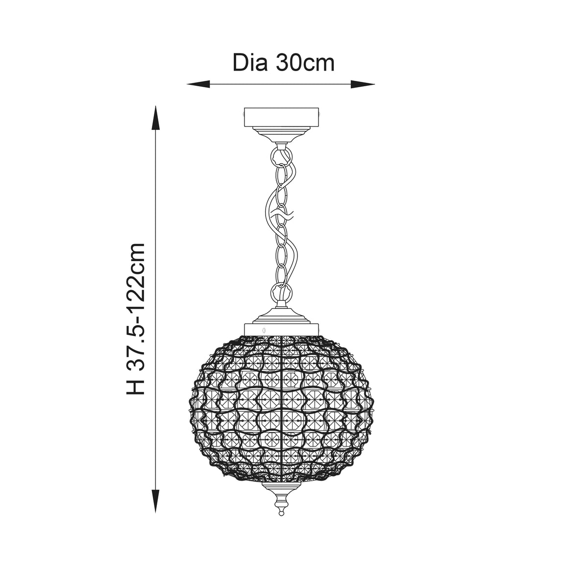 Line drawing of a crystal sphere pendant light with dimensions: height 37.5-122cm, diameter 30cm.