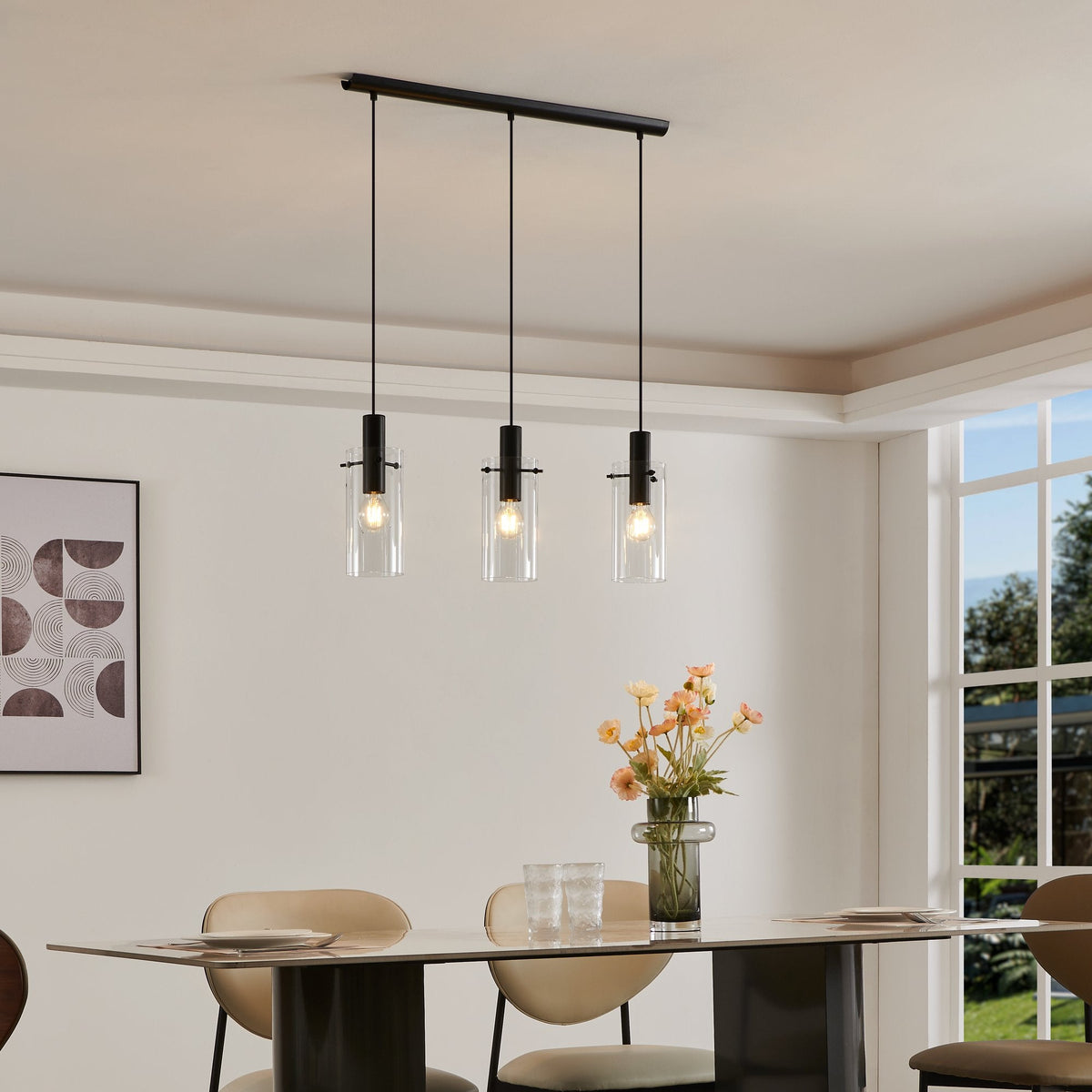 Montefino Triple Bar Pendant in Black with Clear Glass
