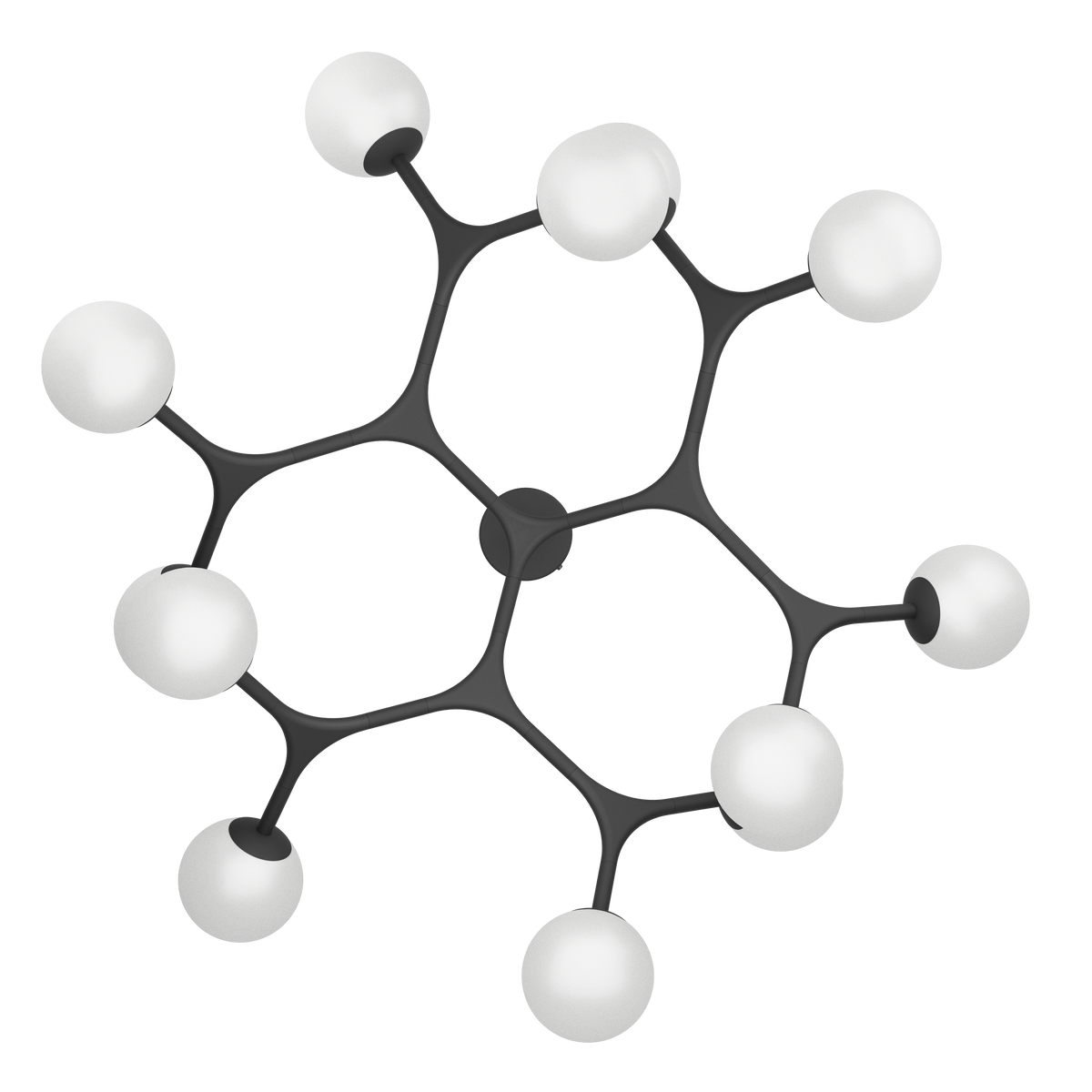 A modern black ceiling light with nine spherical white glass shades, arranged in a symmetrical, organic pattern.