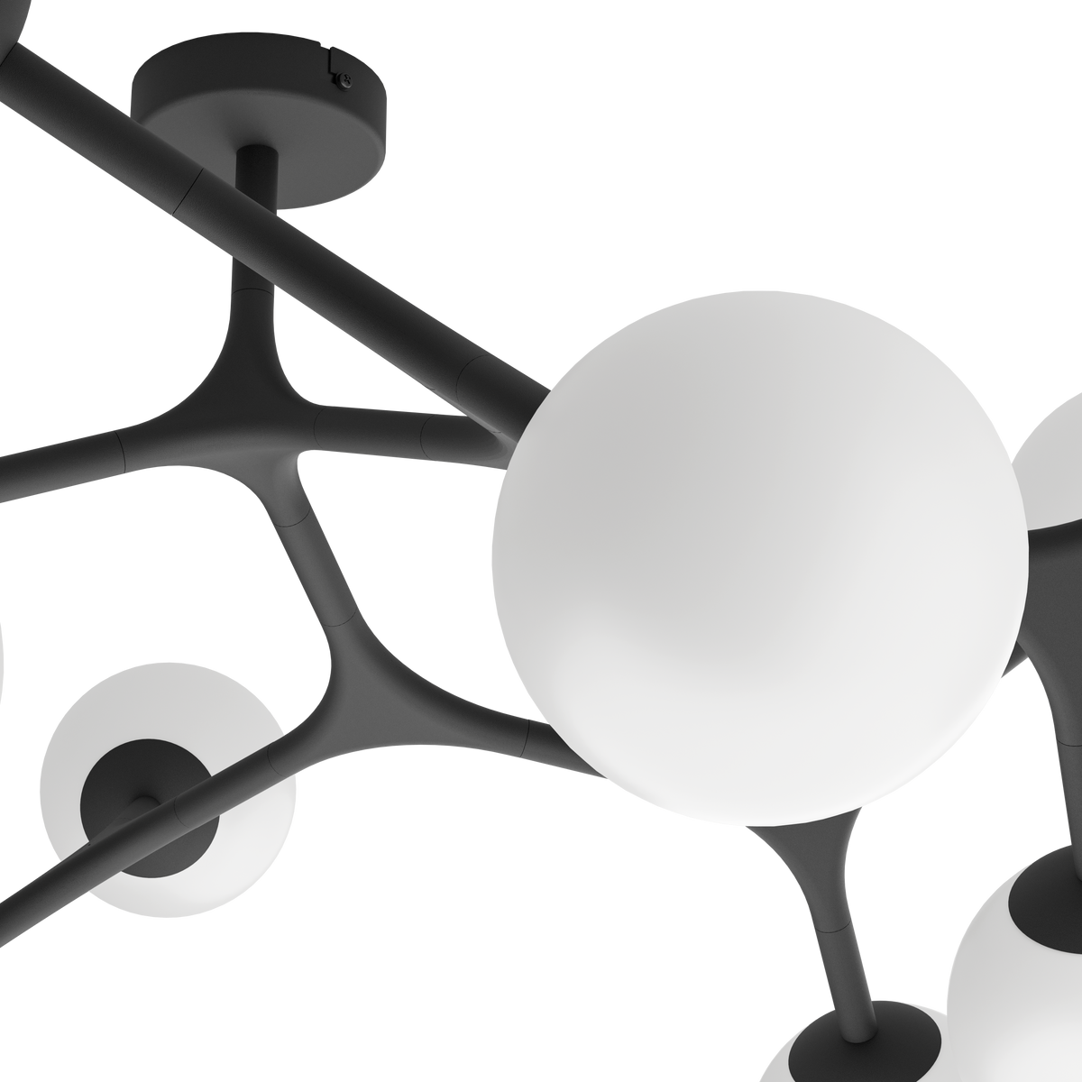 Close-up of a black modern chandelier with multiple white spherical lights on a white background.