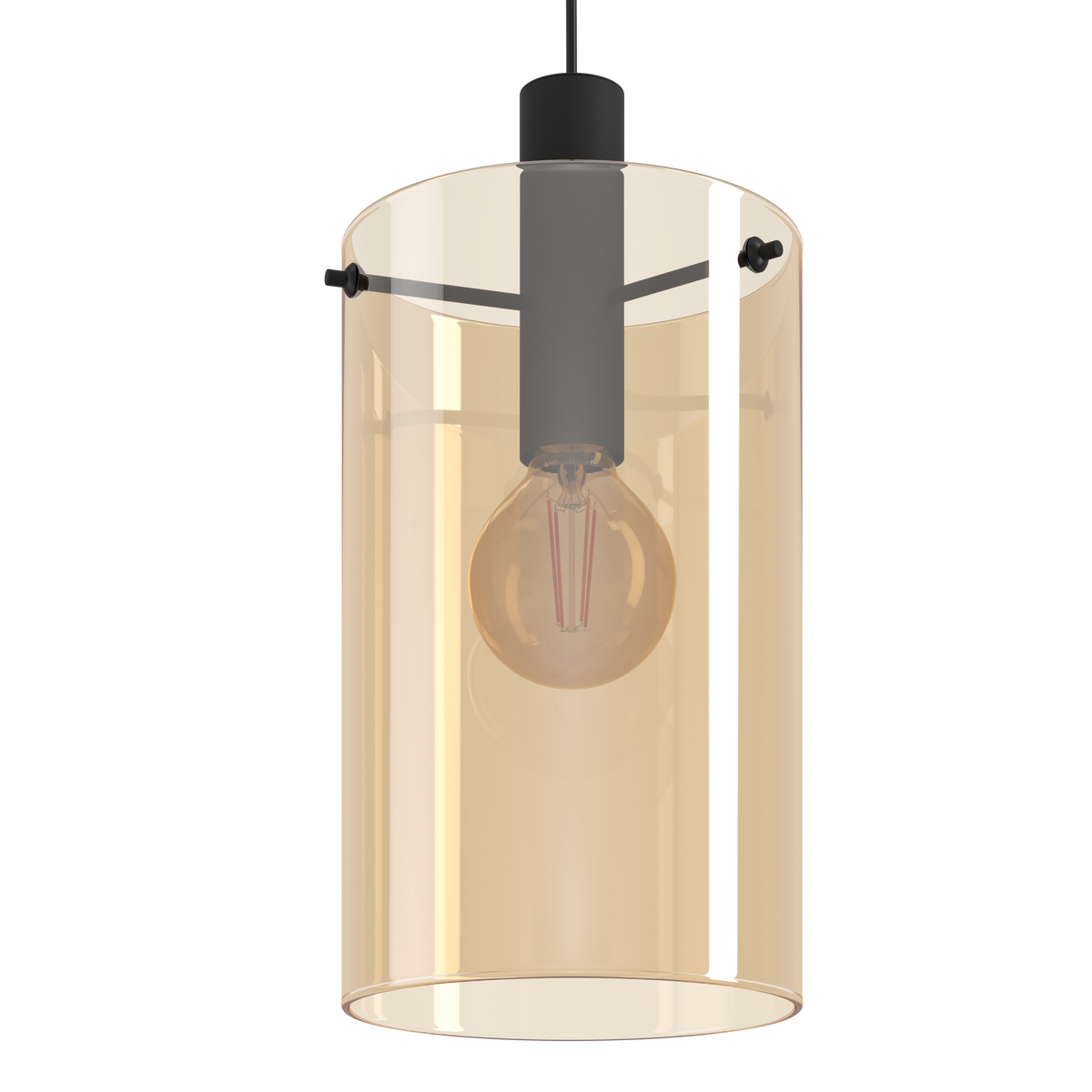 A modern pendant light with a cylindrical amber glass shade and an exposed filament bulb.