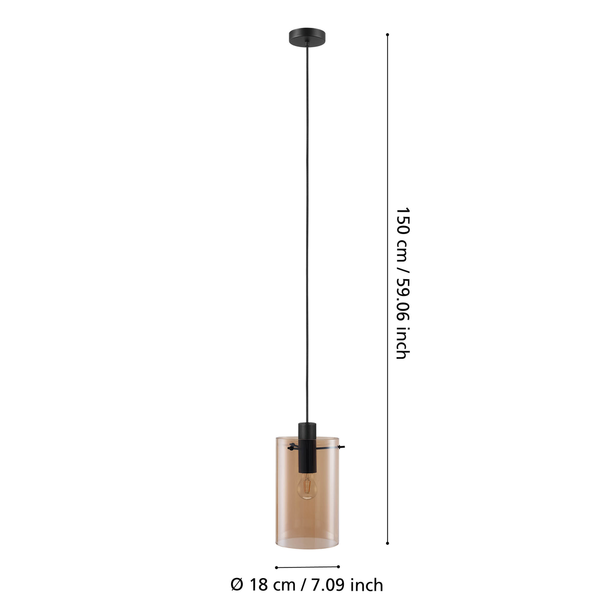 A pendant light with a cylindrical amber glass shade and a black fixture, showing dimensions of 150 cm height and 18 cm diameter.