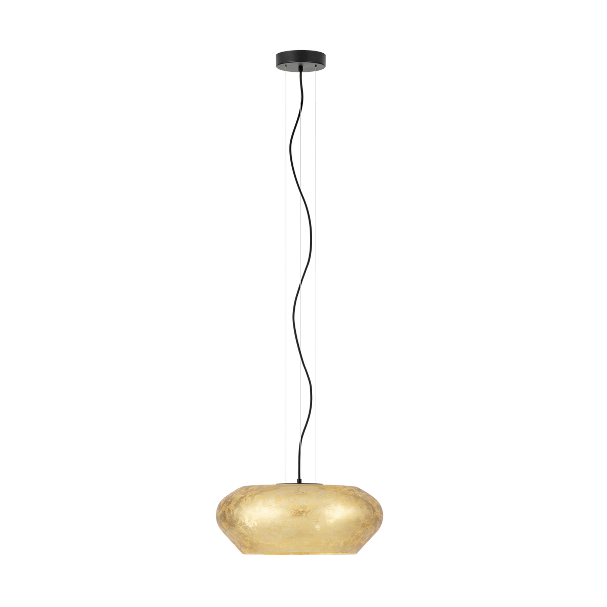 A modern pendant light with a gold-leafed, textured, rounded shade hanging from a black ceiling mount.